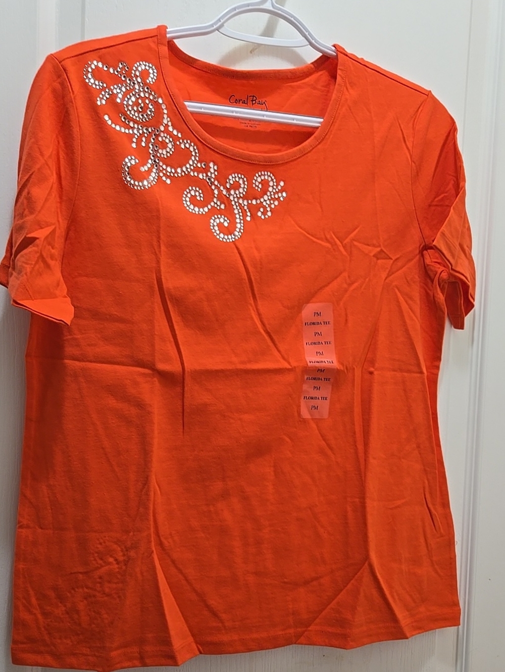 Coral Bay Orange Short Sleeve Tee with Rhinestone Detail